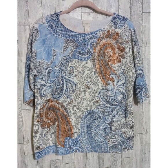 Chico's Top Paisley Side Button Pullover Textured Size 1 (Medium 8)‎ - Picture 1 of 5